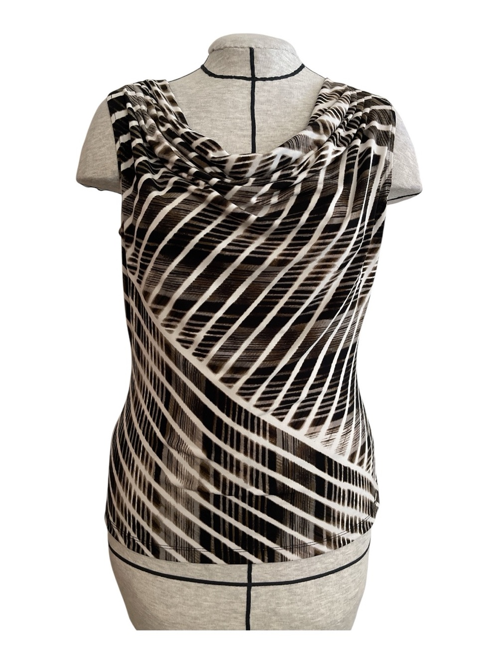 Calvin Klein Black and White Striped Draped Cowl Neck Blouse